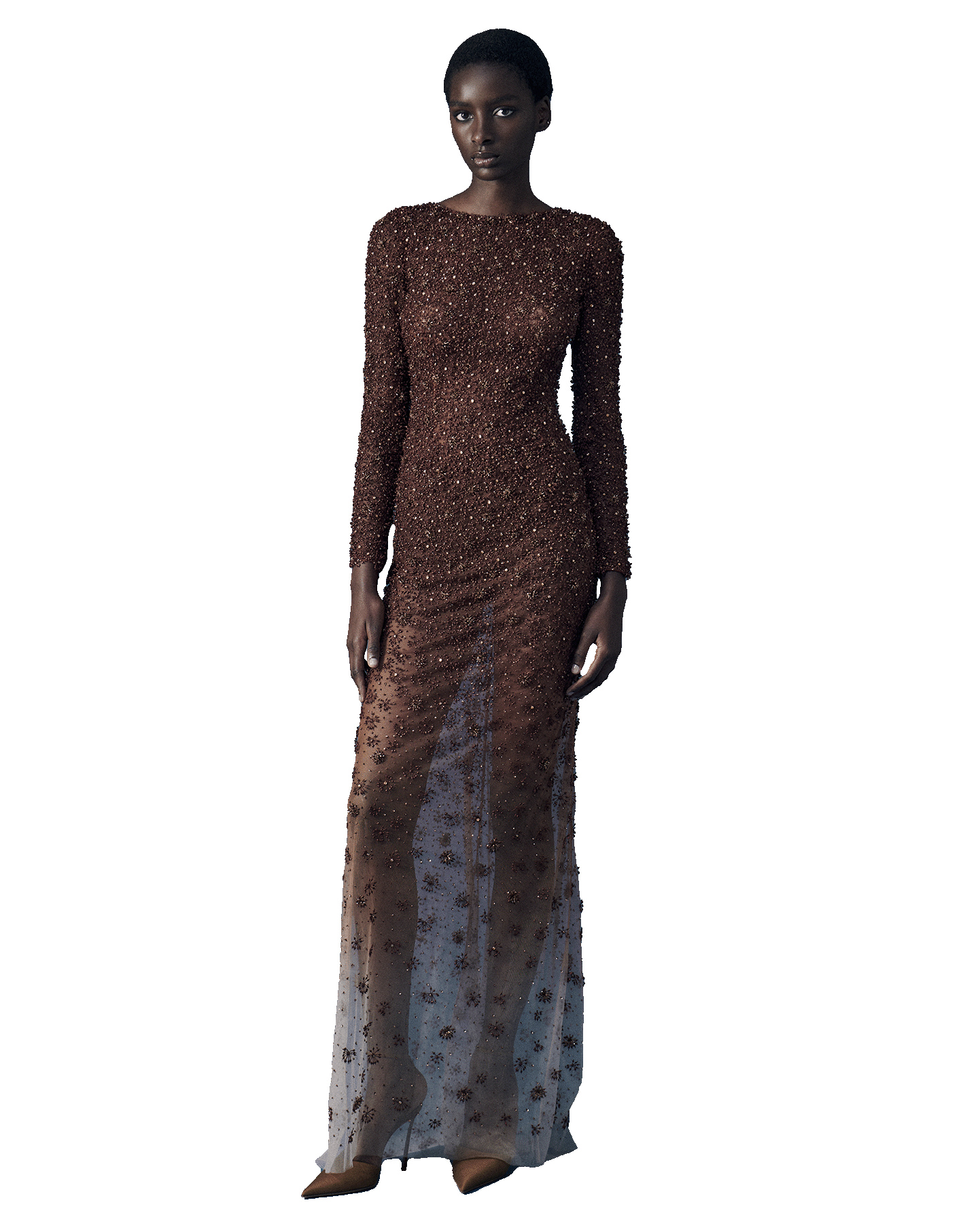 Shade dyed light tulle long sleeved crew neck dress entirely decked out in Cognaccolored lurex stars embroidered with sequins, crystals and beads.