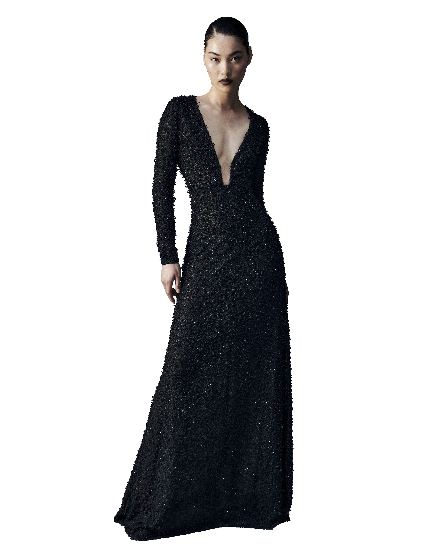 Long sleeved dress with deep V neck in black swiss iconic superposé heart embrdoiered silk mousseline fully handembroidered with black beads and crystals.