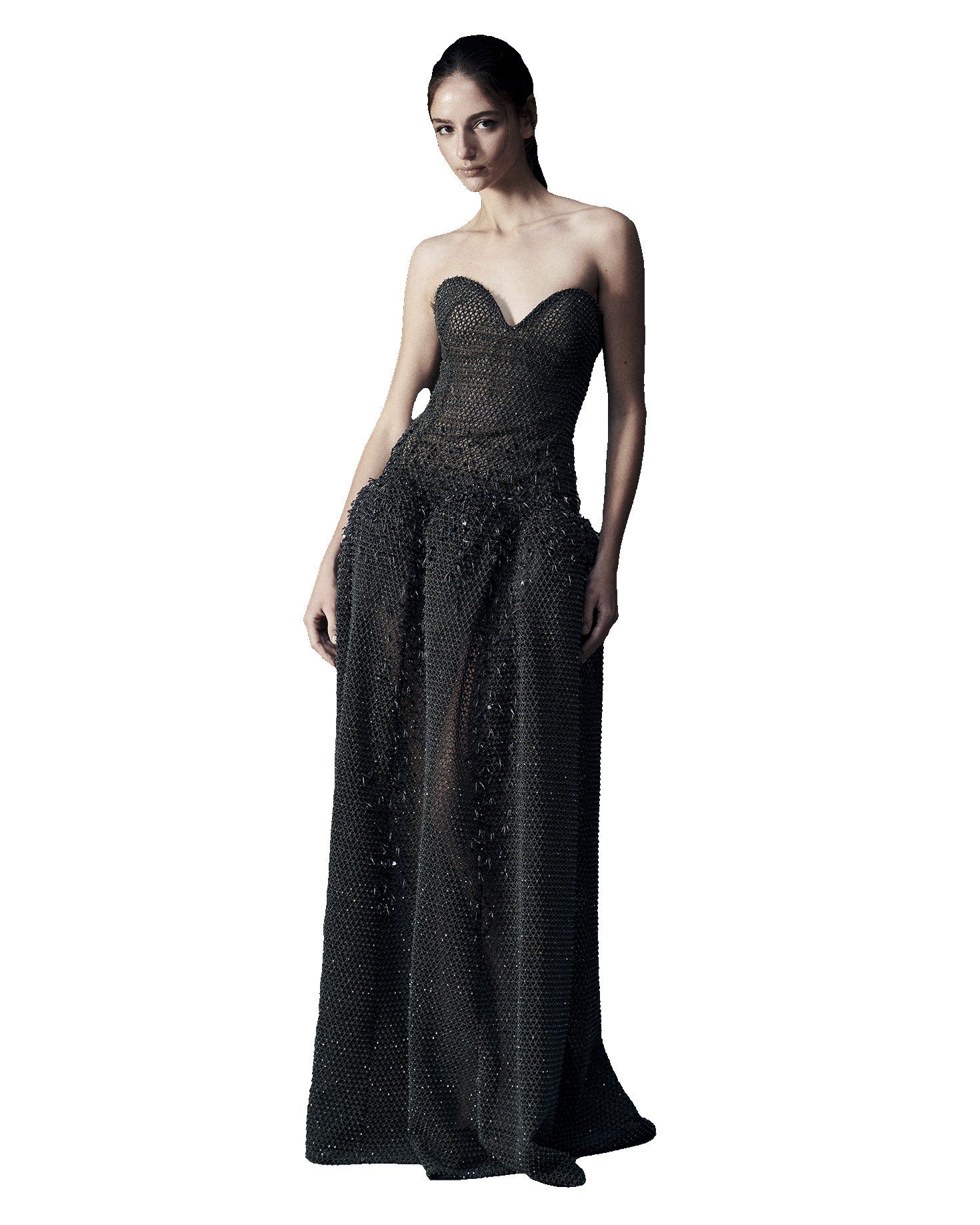 Iconic Swiss dark silver heart guipure lace featuring a petal-shaped long skirt — fully beaded with tiny crystals and a gradient of crystallization with black heart sequins, glass tubes, and crystals, constructed on a heart-shaped corset.