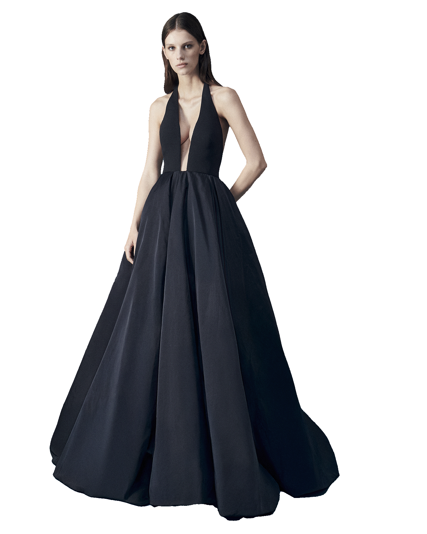 Dramatic V shaped halter neck dress in black silk cady constructed on a body with very large black Silk Radzimir skirt lined in silk organza.
