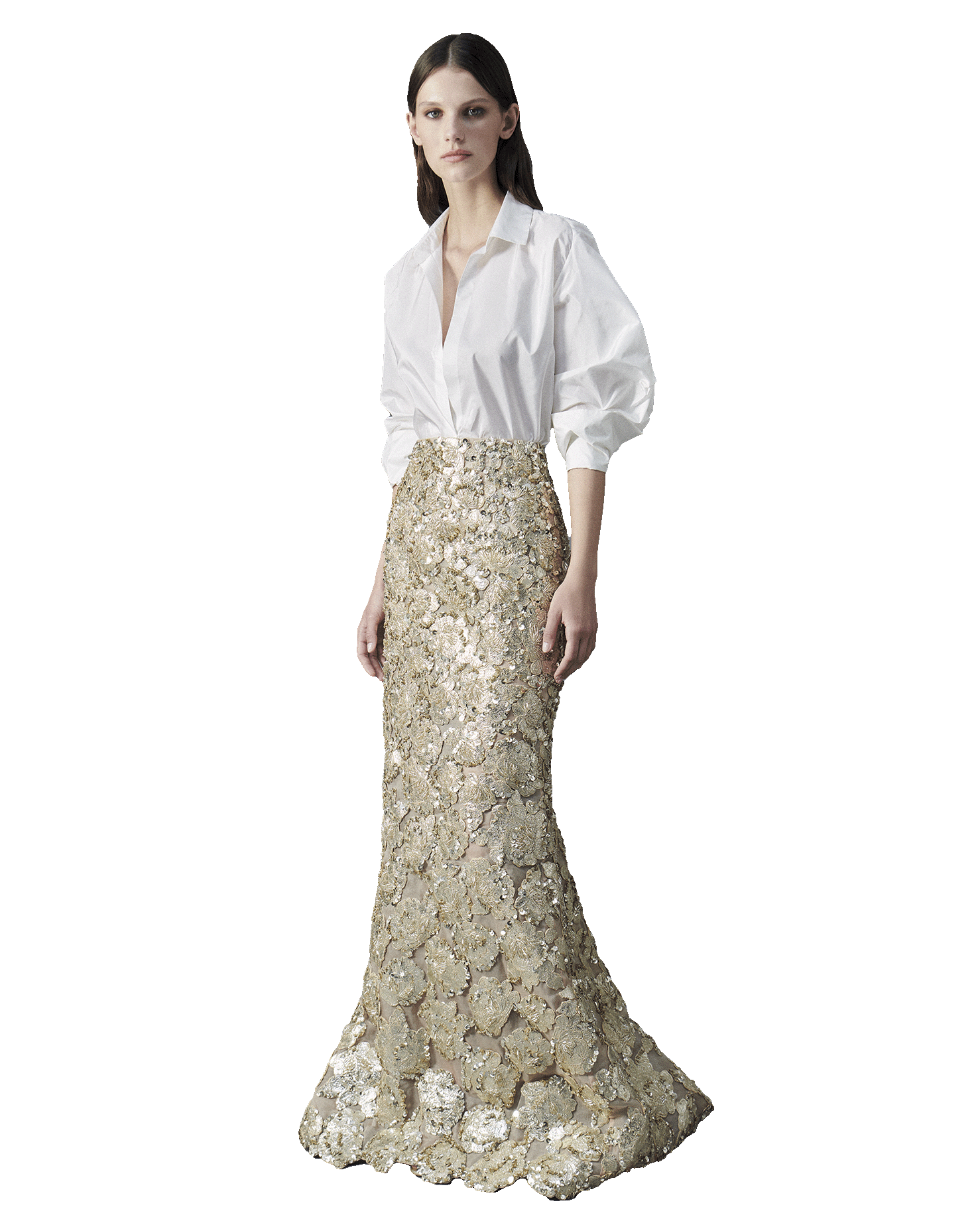 Siren skirt entirely decked out in golden swiss lace guipure elements embroidered with sequins, crystals and beads on a silk organza base.