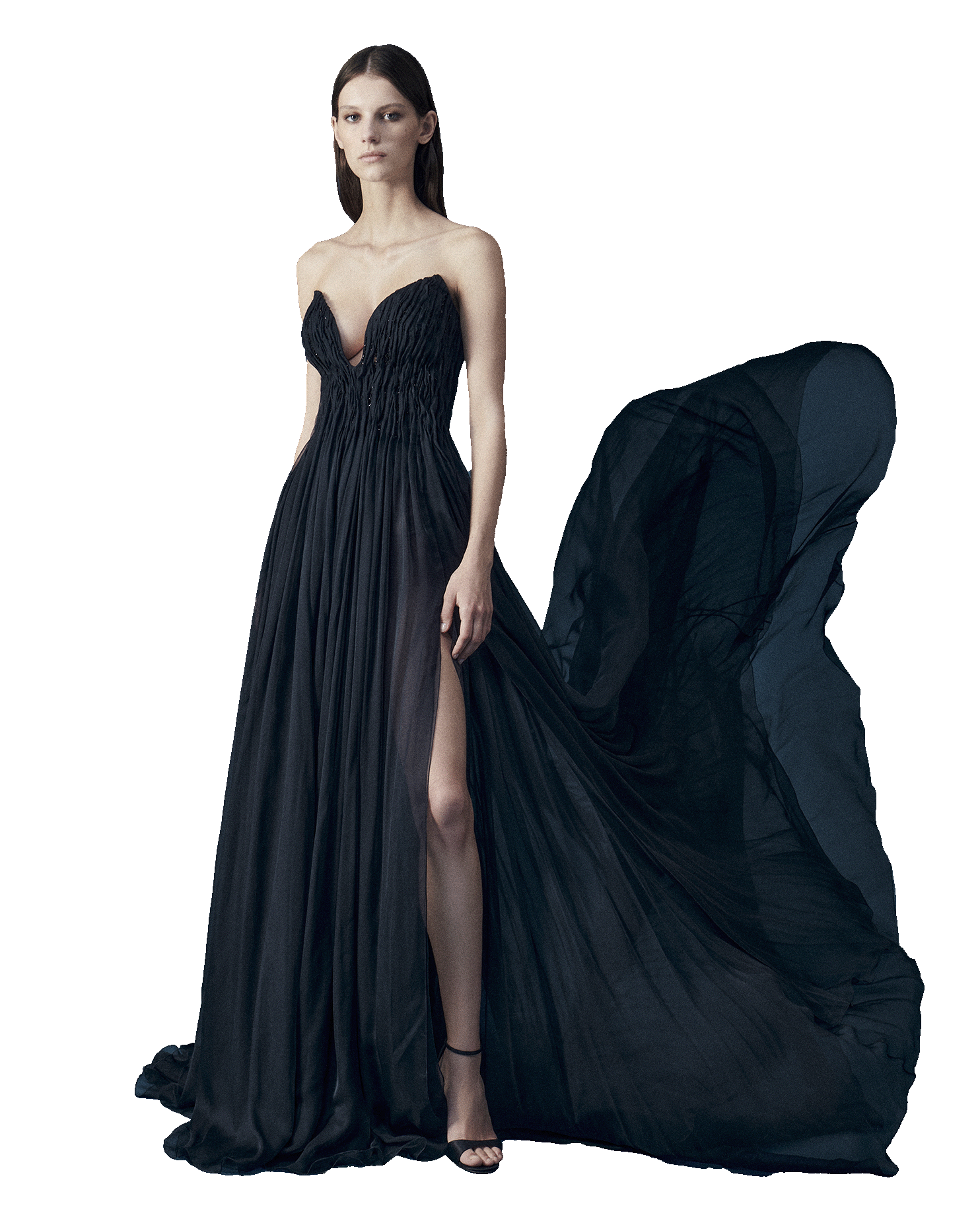 Night blue silk mousseline draped dress with large volume, train and high slit constructed with a dramatic V shaped corset and handembroidered with sequins and crystals within the pleats on the body.