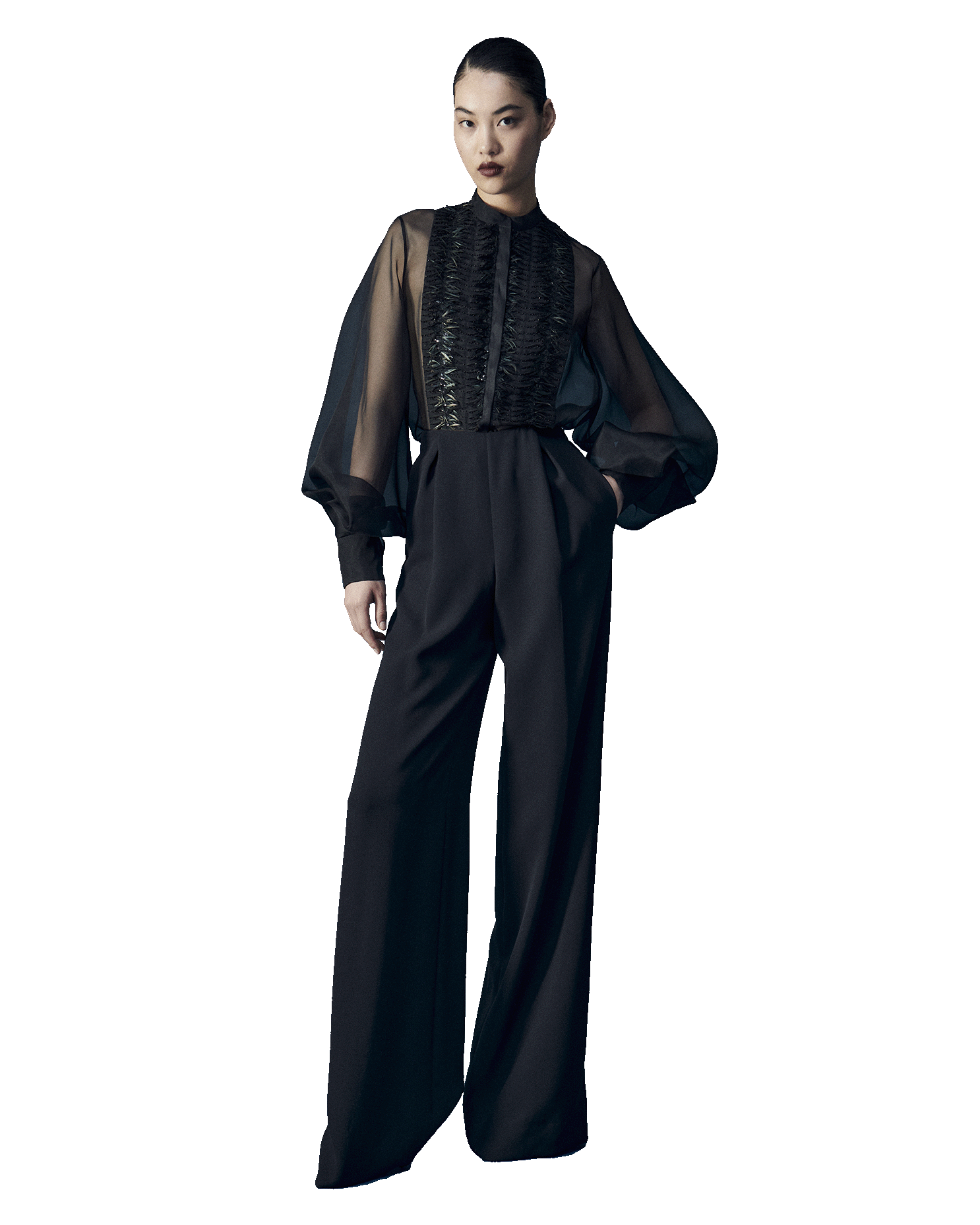 Black silk organza shirt with large embroidered plastron with micro pleats, sequins and dark green iridescend feathers.