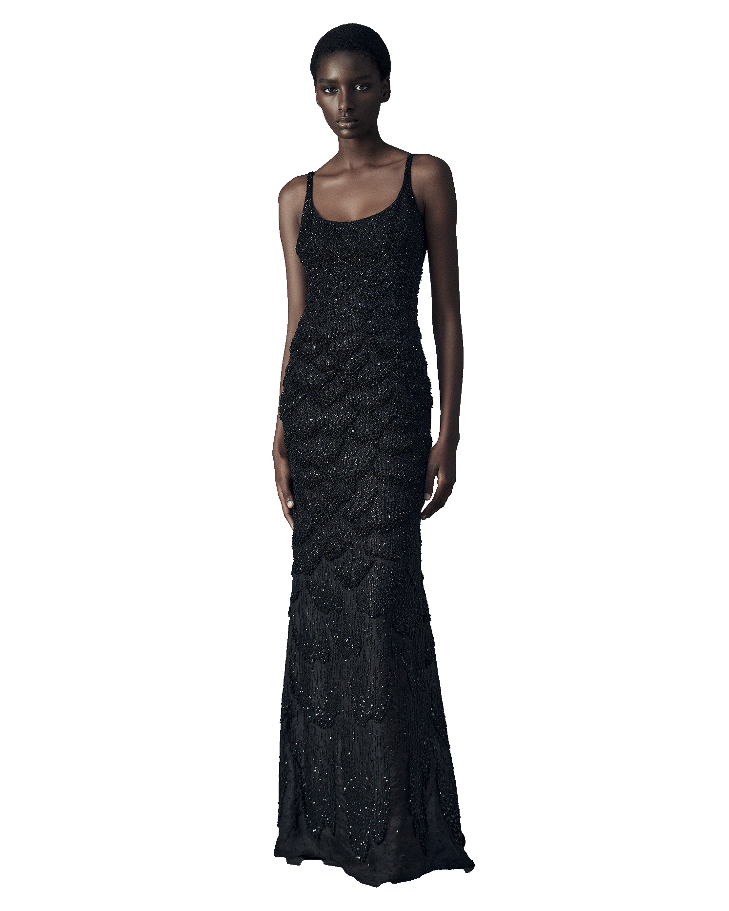Long dress in black silk organza fully embroidered in a gradient in sequins, beads and crystals.