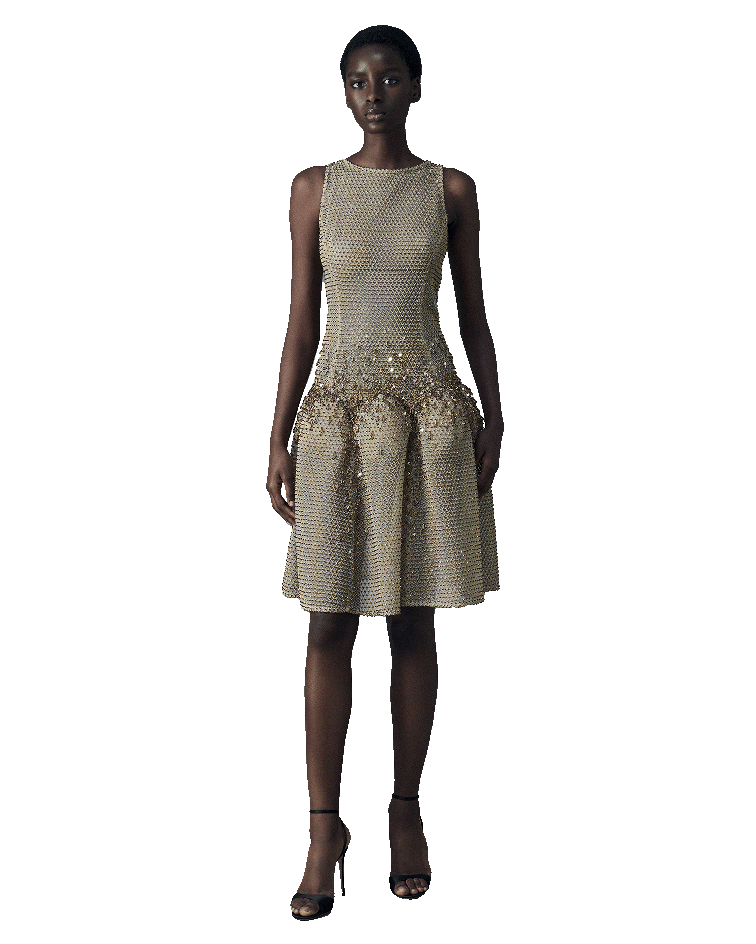 Boat neck short dress in iconic swiss golden heart guipure lace featuring a petal shaped skirt - fully beaded with tiny crystals and a gradient of crystallization with heart sequins, glass tubes and crystals 