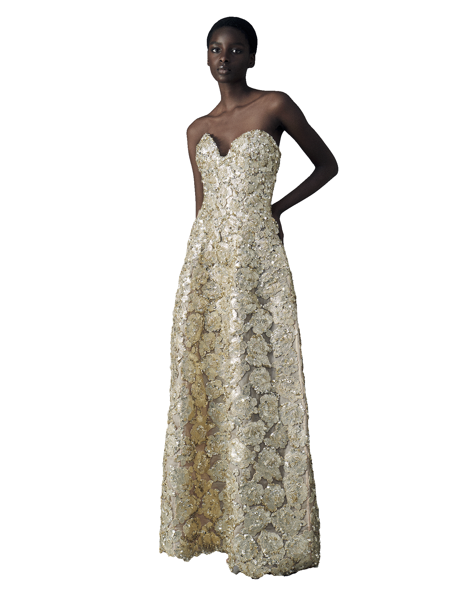 Long dress with heart shaped corset entirely decked out in golden swiss lace guipure elements embroidered with sequins, crystals and beads on a silk organza base.