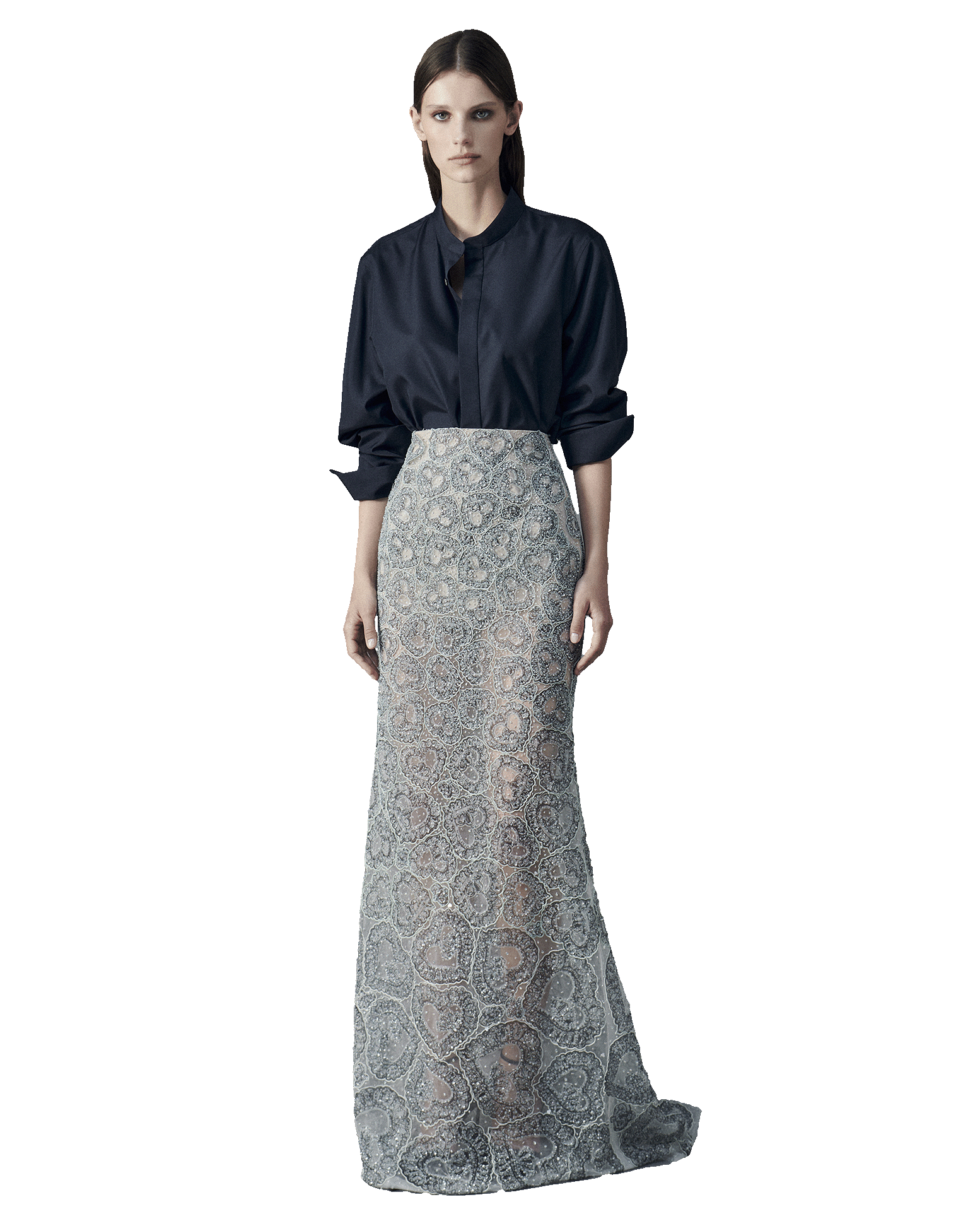 Siren skirt fully embroidered with Silk organza hearts entirely embrodiered with sequins, crystals and beads on a light tulle base with short silk georgette lining.