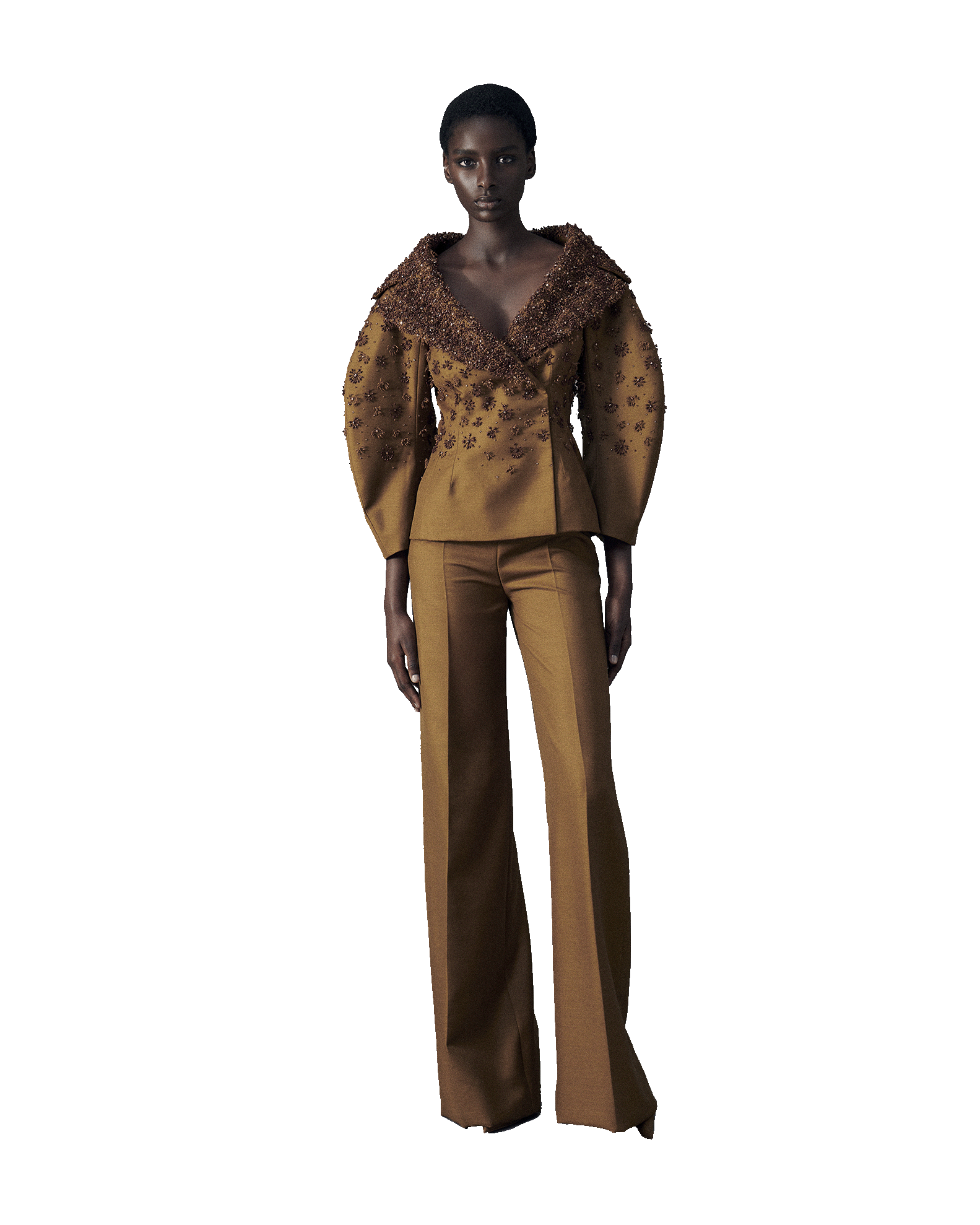 Sharply tailored evening jacket with large neckline and balloon sleeves in Cognac colored summer Mohair wool embroidered in gradient with delicate stars, sequins and crystals.